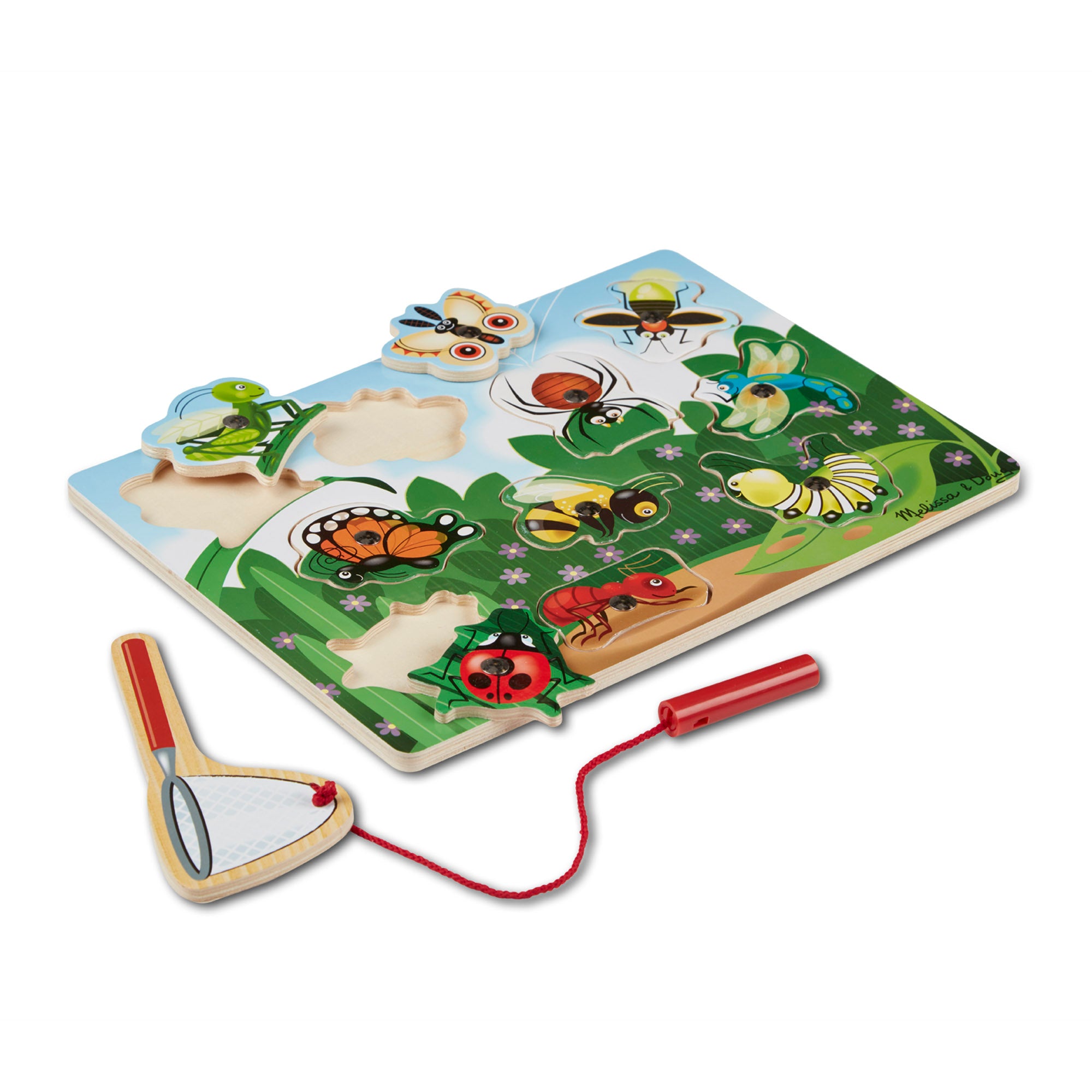 This magnetic wooden puzzle game features a garden full of attractive bugs and insects! Use the magnetic butterfly net to "capture" the 10 bug buddies from the game board. Then enjoy the challenge of returning them to their preferred perch!