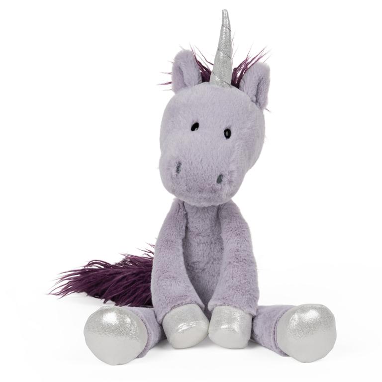 Plush unicorn in a sitting position. Light purple unicorn, with a dark purple mane and tall, and silver metallic hooves and horn.