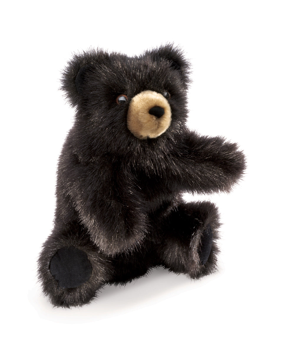Baby Black Bear puppet by Folkmanis. Hand puppet with movable arms and head. This puppet is 5 inches long, 6 inches wide, 9 inches tall and weighs 4 ounces. This item sells for 18.99.