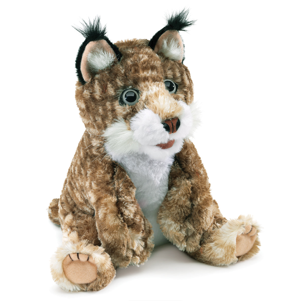 Bobcat Kitten puppet by Folkmanis is soft with brown and tan spotted plush, this wide-eyed critter has movable mouth and legs for multiple ways to play. This puppet is 10 inches long, 5 inches wide, 9 inches tall and weights 3.36 ounces. This item sells for $21.99. 