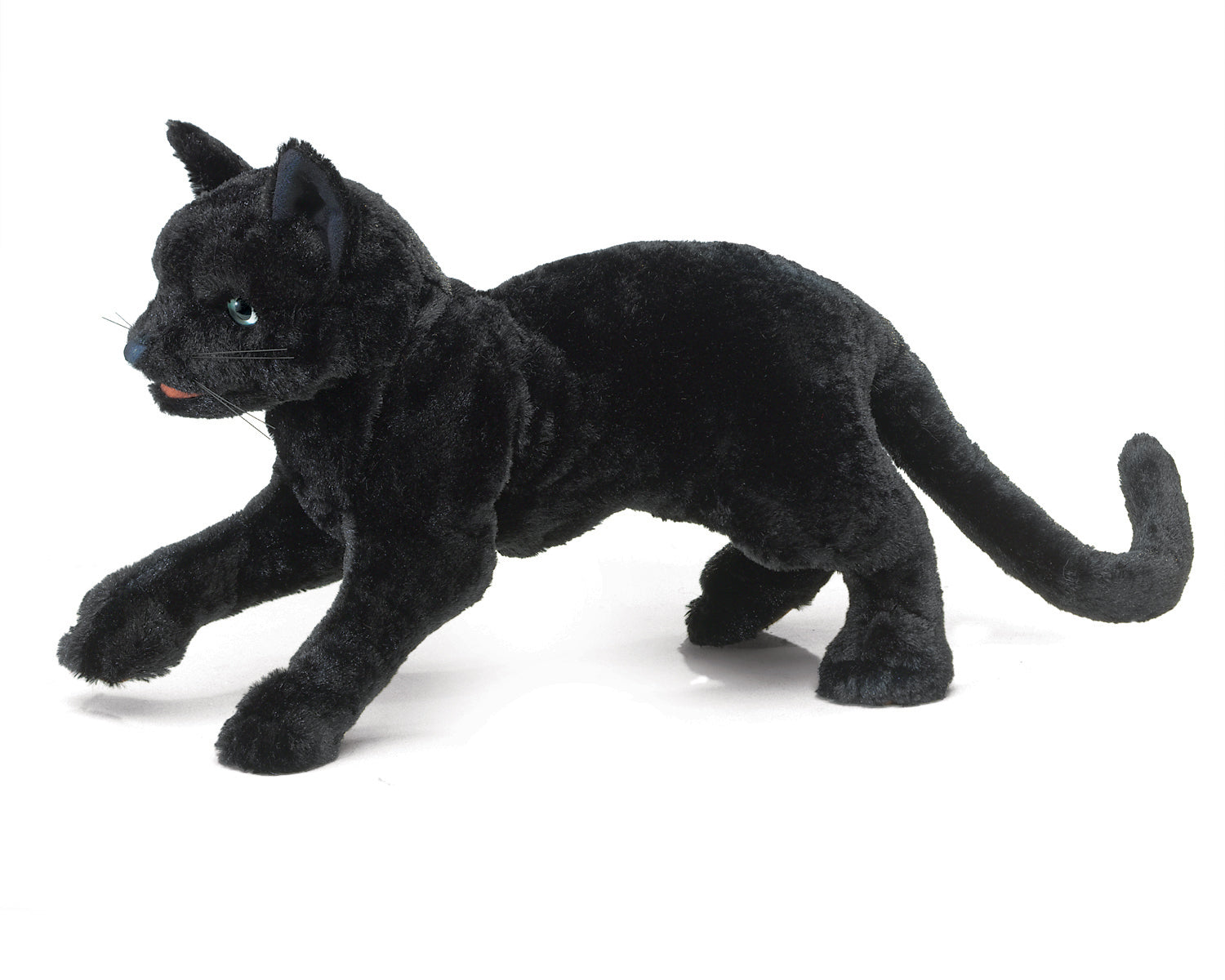 Black cat puppet by Folkmanis has sleek, short, ebony plush with movable mouth and front legs. This puppet is 20 inches long, 5 inches wide, 6 inches tall and weighs 5.6 ounces. This item sells for $25.99.