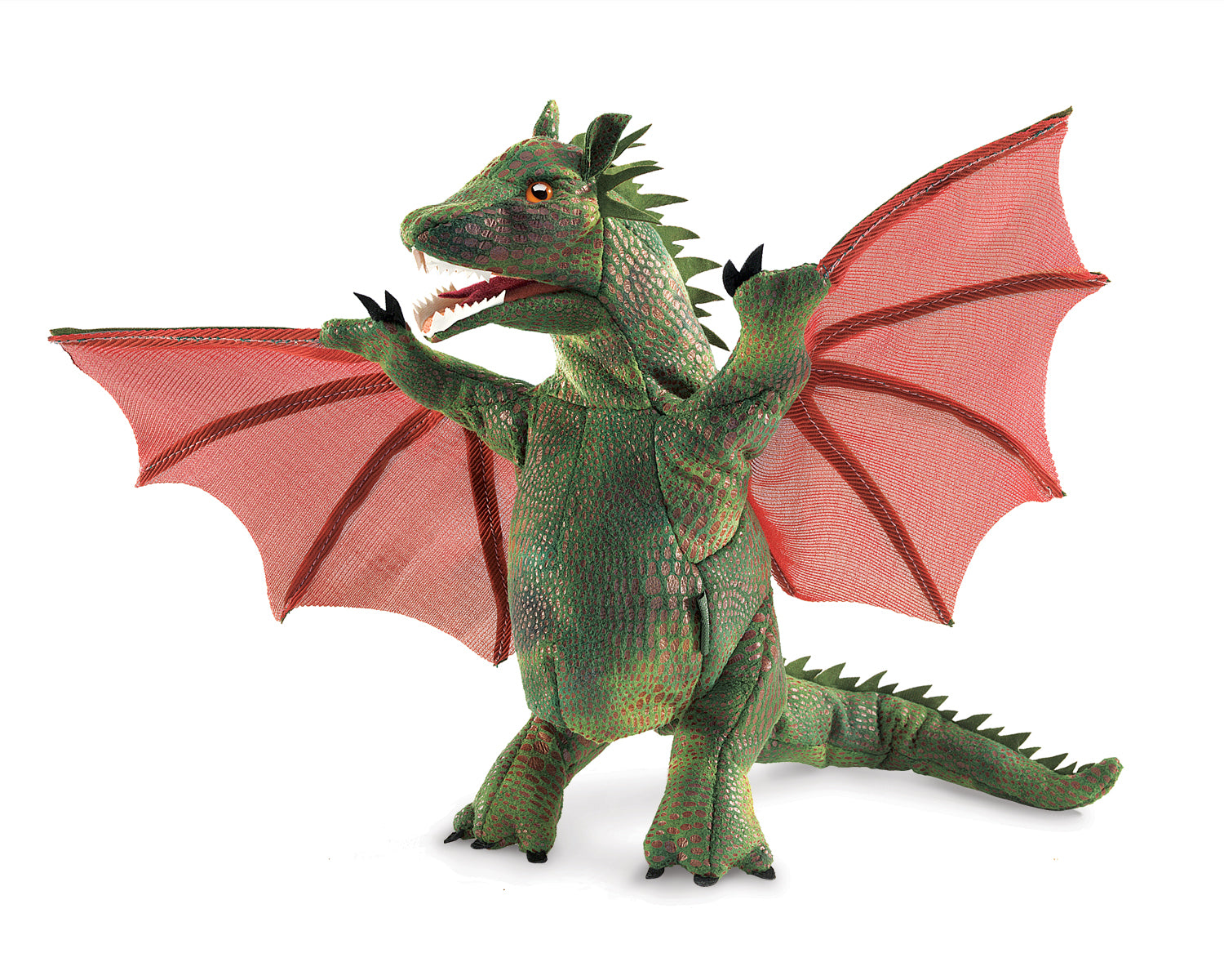 Green dragon with red scales in standing position. Red wings on puppet are extended. 