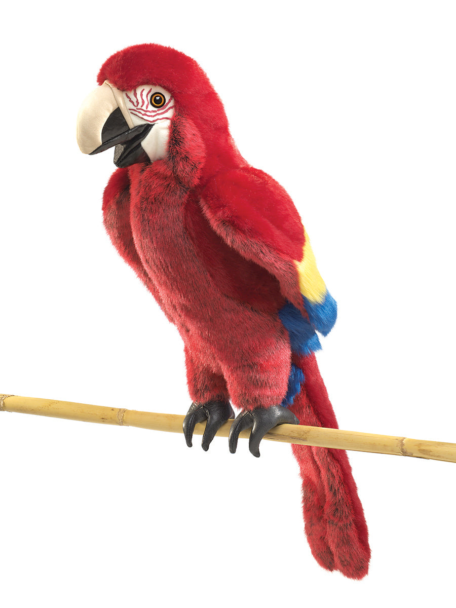 Scarlet macaw puppet perched on bamboo. 