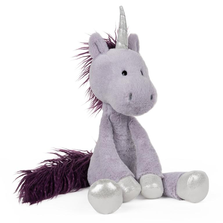 Plush unicorn in a sitting position. Light purple unicorn, with a dark purple mane and tall, and silver metallic hooves and horn.