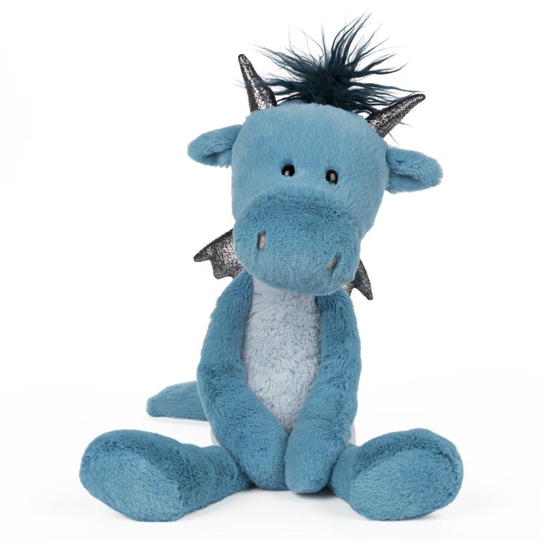 Blue dragon in a sitting position. Dragon has a light blue tummy, dark metallic horns and wings and dark blue fuzz on their head. 