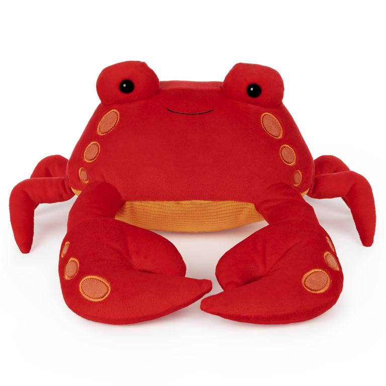 Smiling red crab with orange spots on claws and side of body. and orange abdomen.