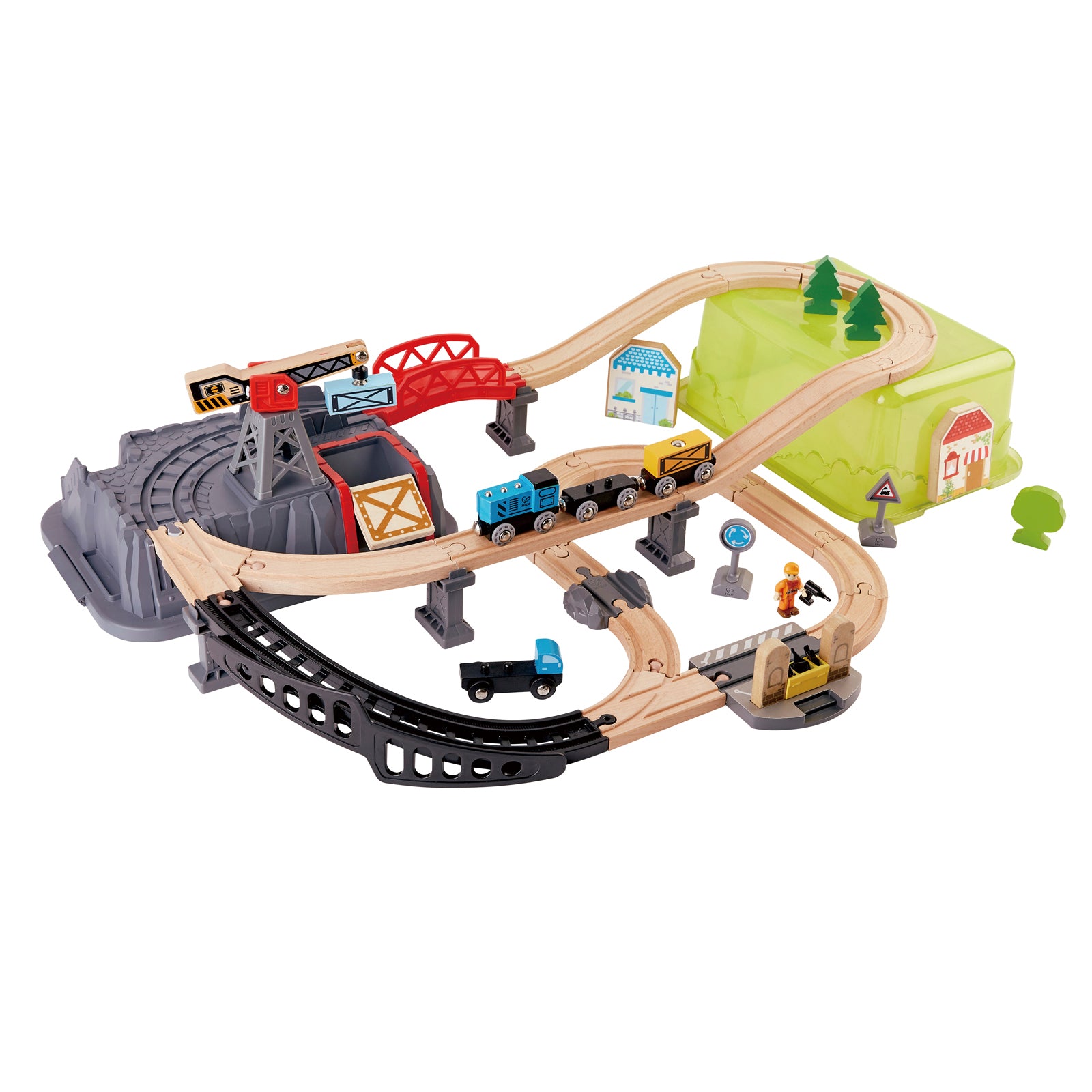 Wooden train tracks set up on green and gray storage bins. Blue engine pulling two train cars on tracks.